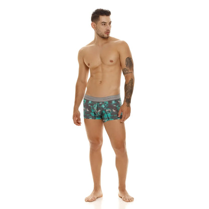 Uncico 23050100104 escaque trunks mens boxer briefs with teal and black camouflage pattern and gray elastic waistband