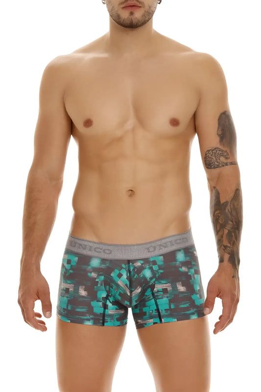 Men’s unico 23050100104 escaque trunks boxer briefs with modern teal and gray digital camouflage and solid gray waistband