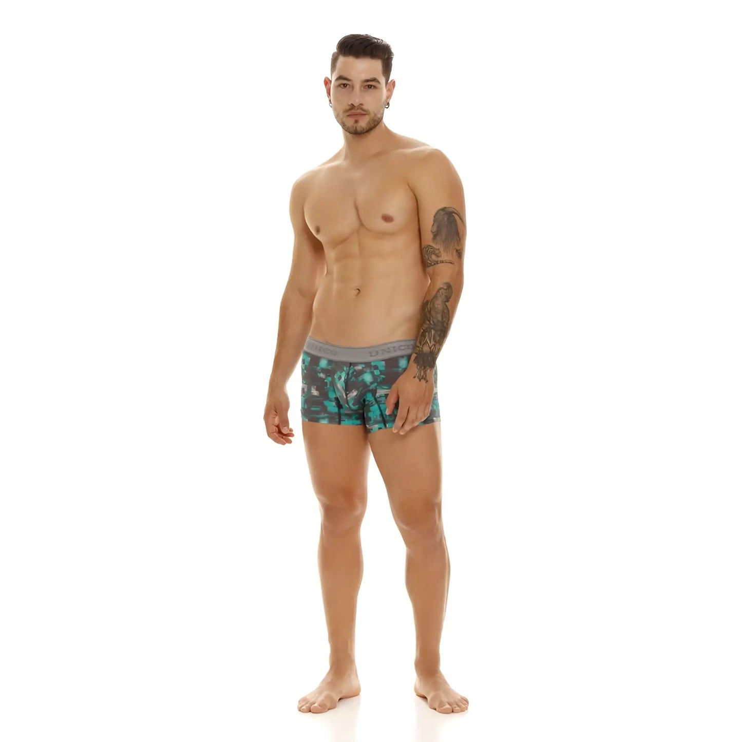 Men’s unico 23050100104 escaque trunks in teal and gray patterned fabric with solid gray waistband
