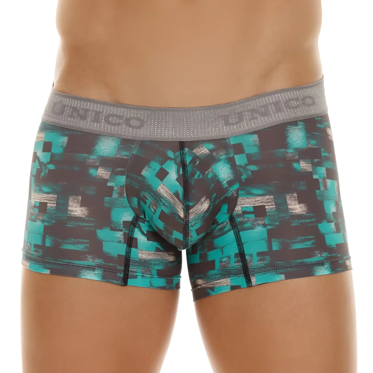 Teal and black pixelated patterned men’s boxer briefs with gray unico waistband escay trunks color 63-green