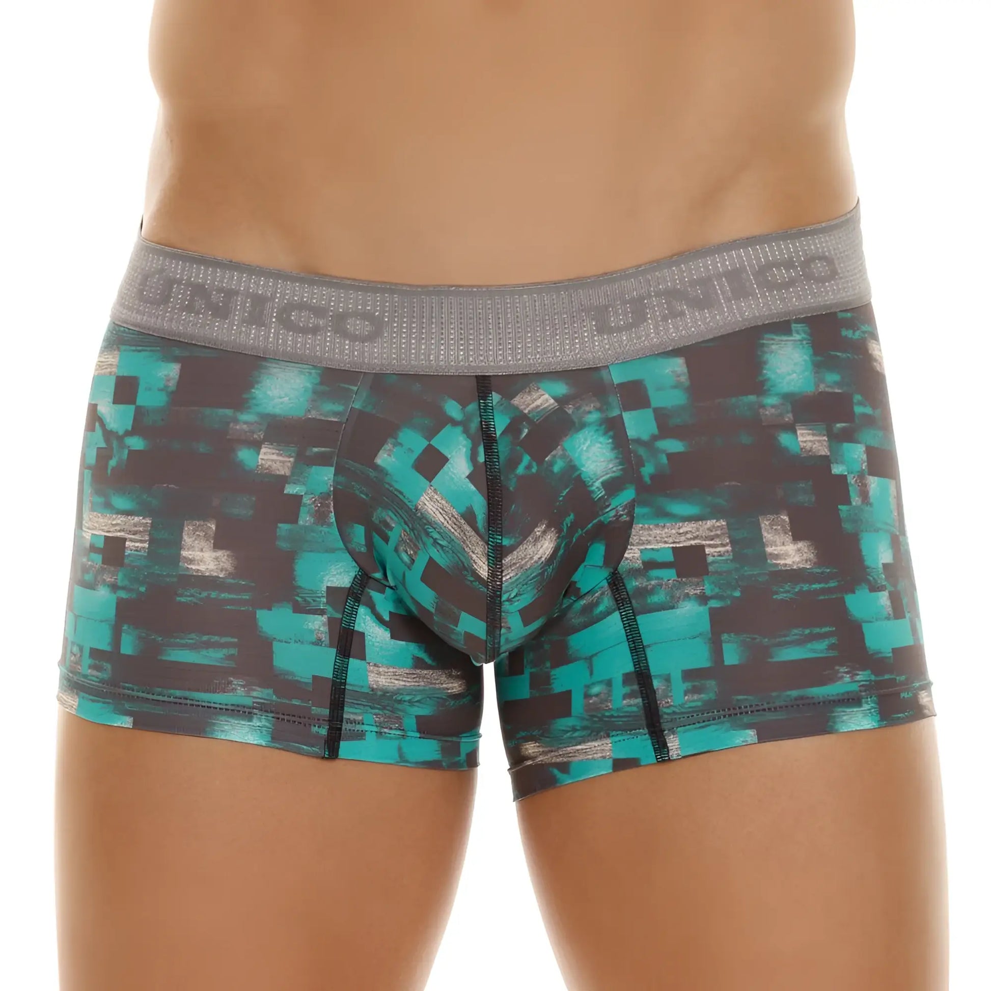 Teal and black pixelated patterned men’s boxer briefs with gray unico waistband escay trunks color 63-green