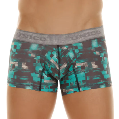 Teal and black pixelated patterned men’s boxer briefs with gray unico waistband escay trunks color 63-green