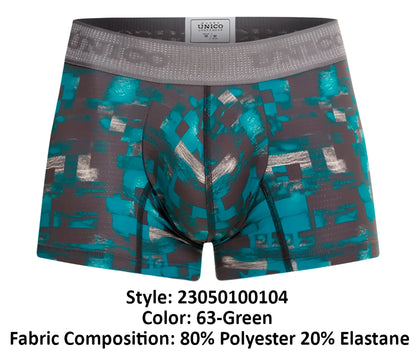 Unico 23050100104 Escaque trunks teal and gray pixelated patterned men’s boxer briefs with branded elastic waistband