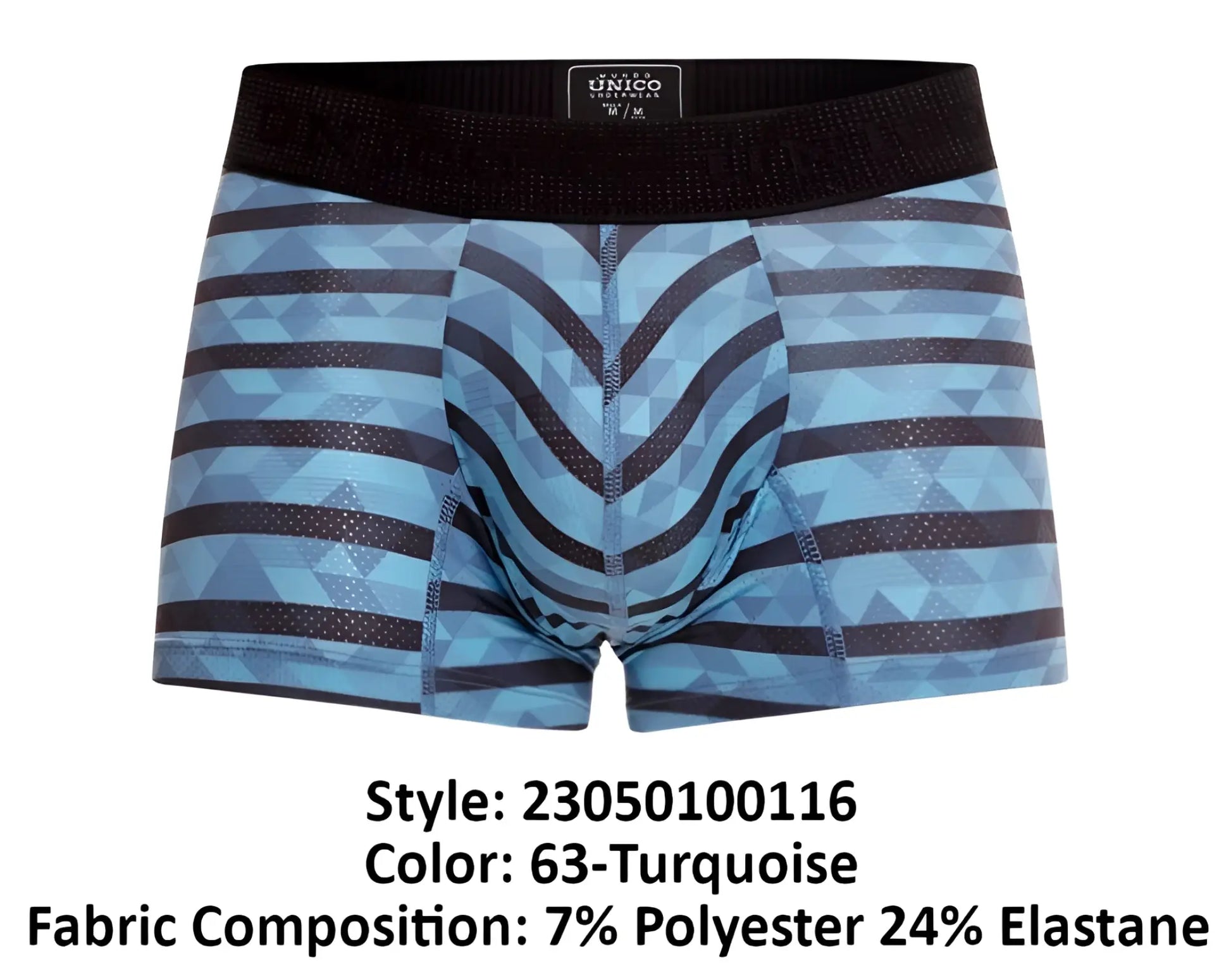 Blue and black geometric patterned unico 23050100116 espectaculo trunks with black waistband in turquoise color