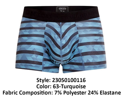 Blue and black geometric patterned unico 23050100116 espectaculo trunks with black waistband in turquoise color