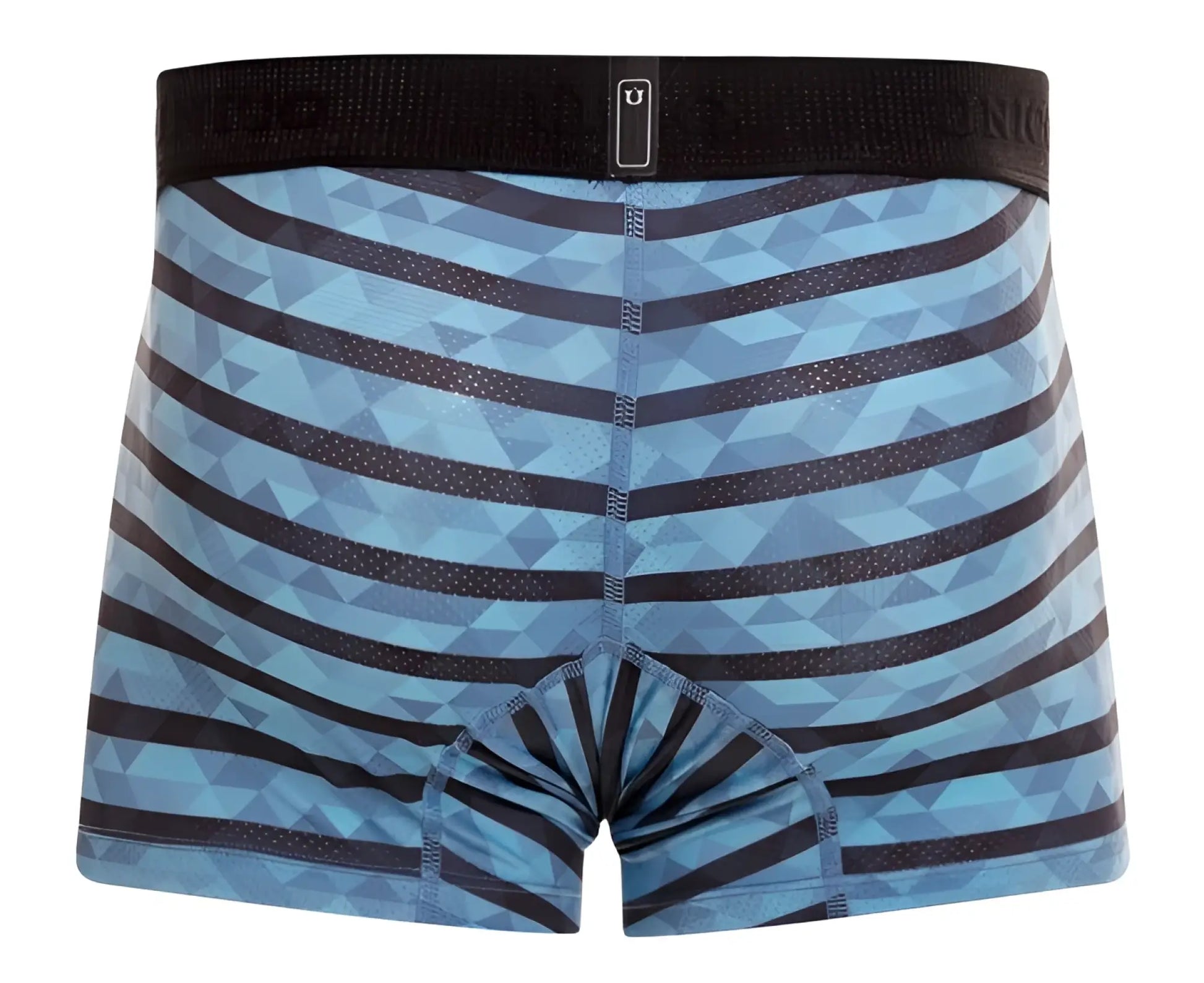 Blue and black geometric-striped unico 23050100116 espectaculo trunks with black uniqlo waistband in turquoise color