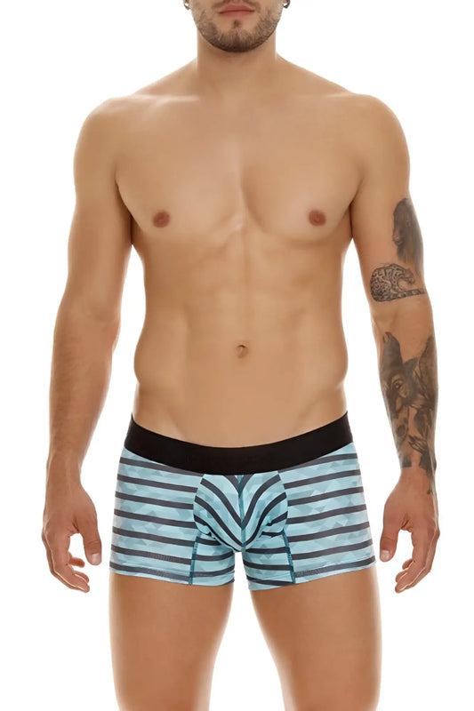 Unico 23050100116 Espectaculo turquoise men’s boxer briefs with light blue and black bold geometric stripes front design