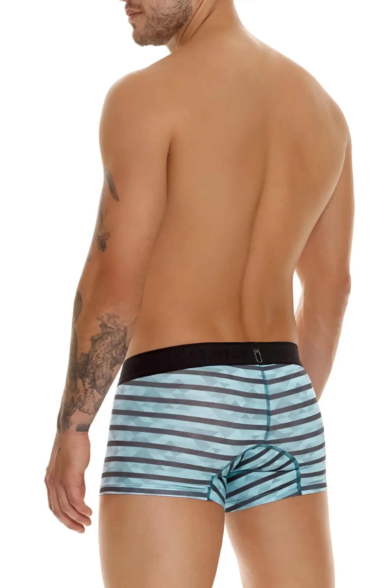 Unico 23050100116 espectaculo trunks color 63-turquoise light blue and dark gray striped boxer briefs with black waistband