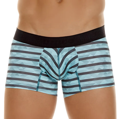 Unico 23050100116 Espectaculo trunks in turquoise feature light blue and dark gray geometric-striped boxer briefs with black waistband
