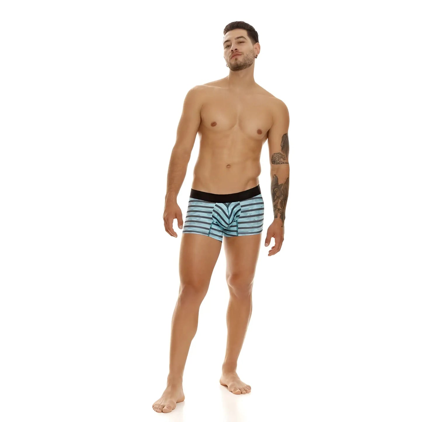 Unico 23050100116 Espectaculo trunks men’s boxer briefs with light blue and white stripes and black waistband