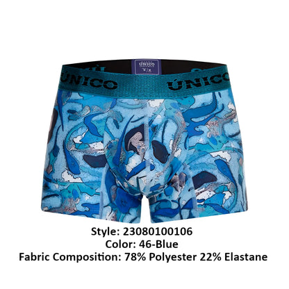 Blue patterned unico 23080100106 atlantida trunks with oceanic whale and abstract wave design boxer briefs