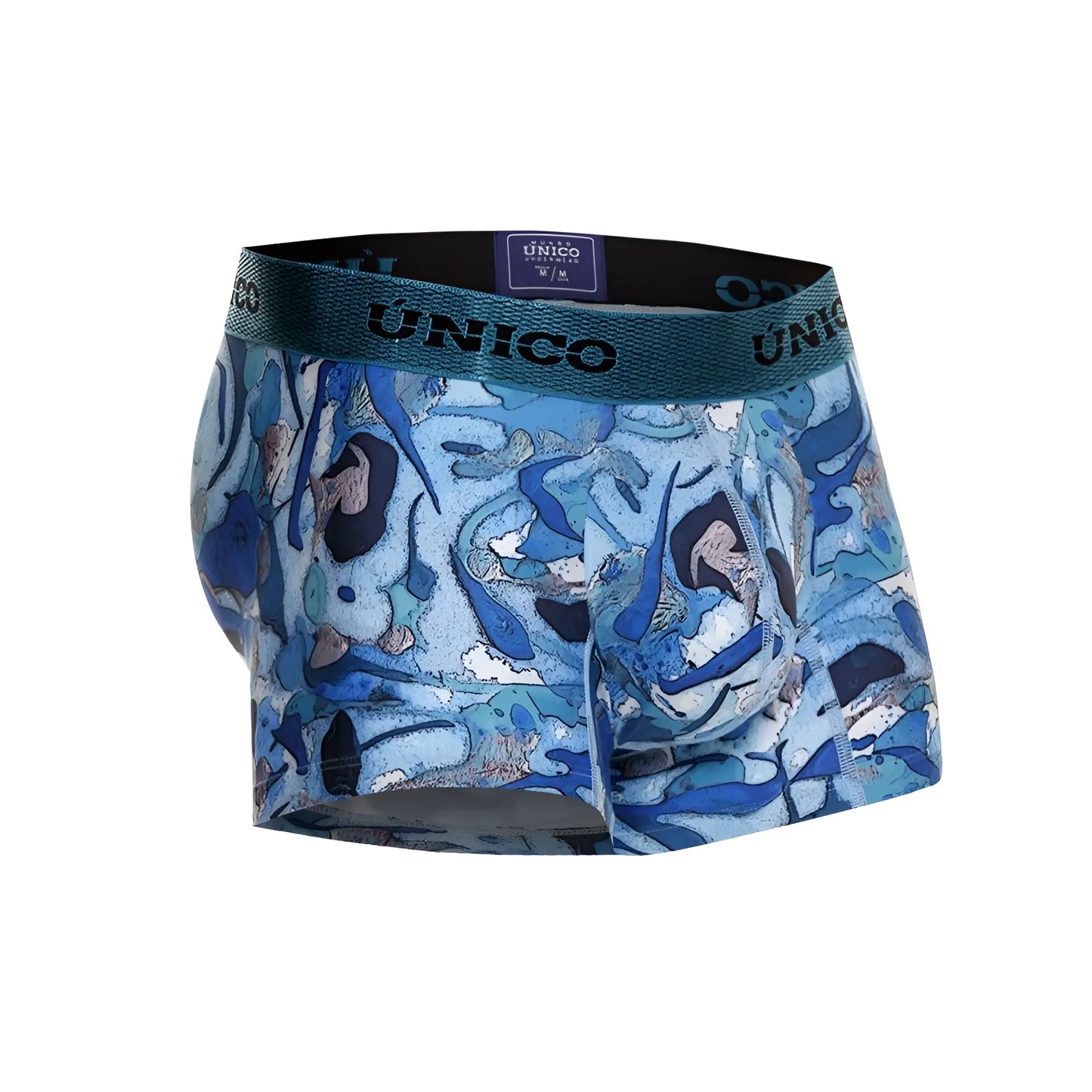 Blue patterned unico mens boxer briefs with textured elastic waistband in color 46 blue atlntida trunks