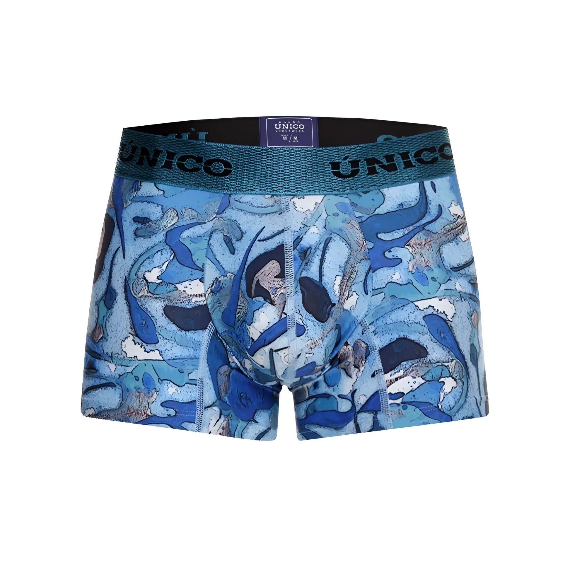 Unico 23080100106 Atlantida blue patterned men’s boxer briefs with teal waistband featuring Unico brand name