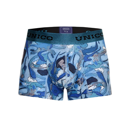 Unico 23080100106 Atlantida blue patterned men’s boxer briefs with teal waistband featuring Unico brand name