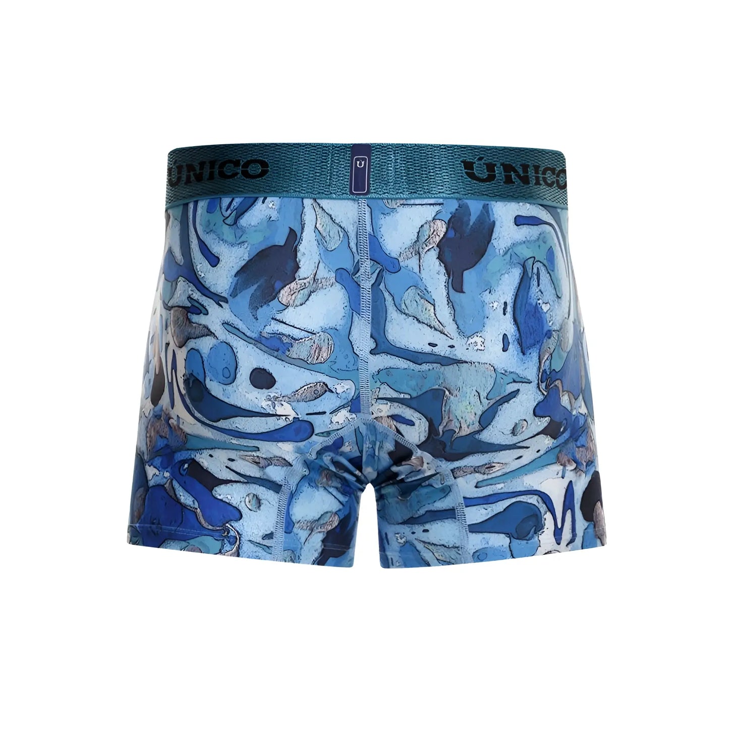 Blue and white abstract patterned unico 23080100106 atlantida boxer briefs with textured teal waistband