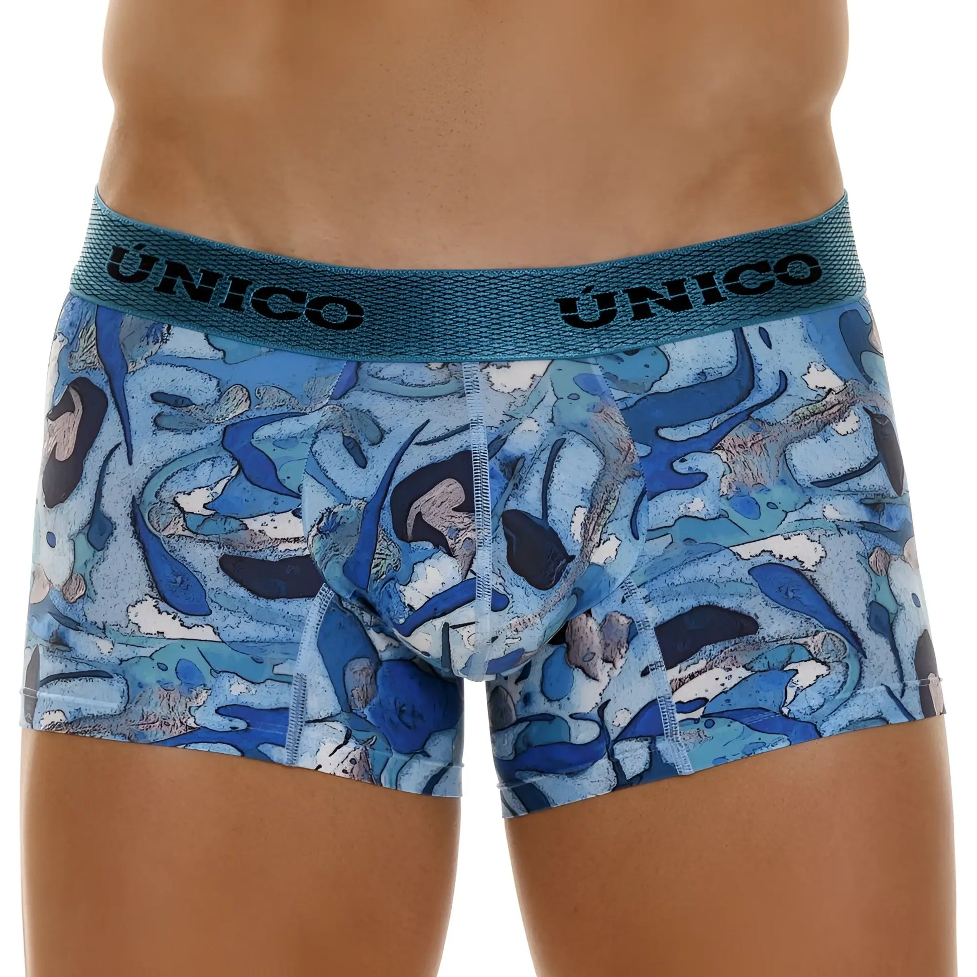 Unico 23080100106 atlantida trunks blue men’s boxer briefs with blue and white abstract pattern and teal waistband