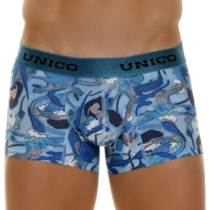 Unico 23080100106 atlantida trunks blue men’s boxer briefs with blue and white abstract pattern and teal waistband