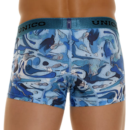 Blue and white abstract patterned unico men’s boxer briefs with textured elastic waistband in color 46-blue