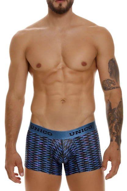 Blue and black patterned unico 23080100121 filamento trunks with solid blue waistband boxer briefs