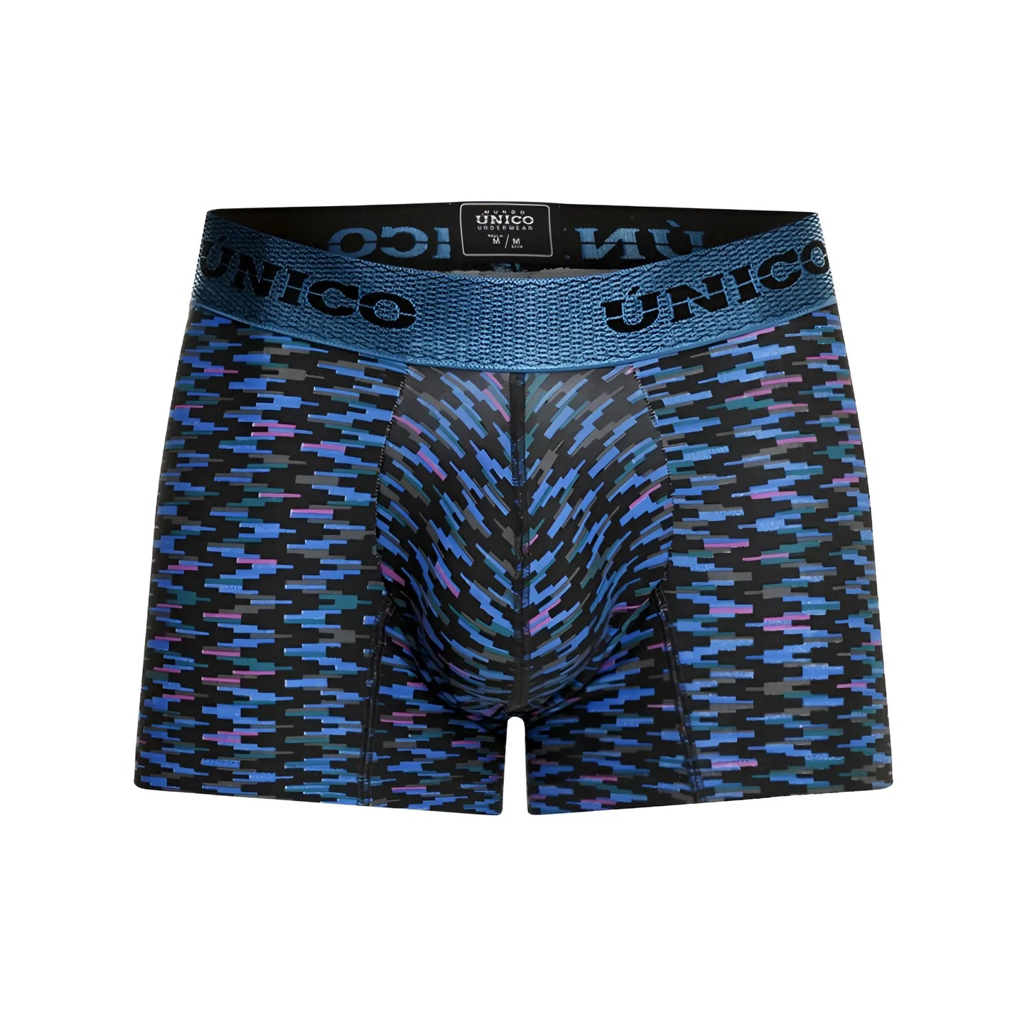 Unico 23080100121 filamento trunks are black and blue patterned men’s boxer briefs with a textured waistband