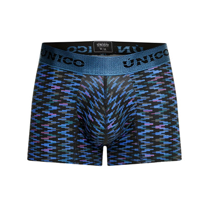 Unico 23080100121 filamento trunks are black and blue patterned men’s boxer briefs with a textured waistband