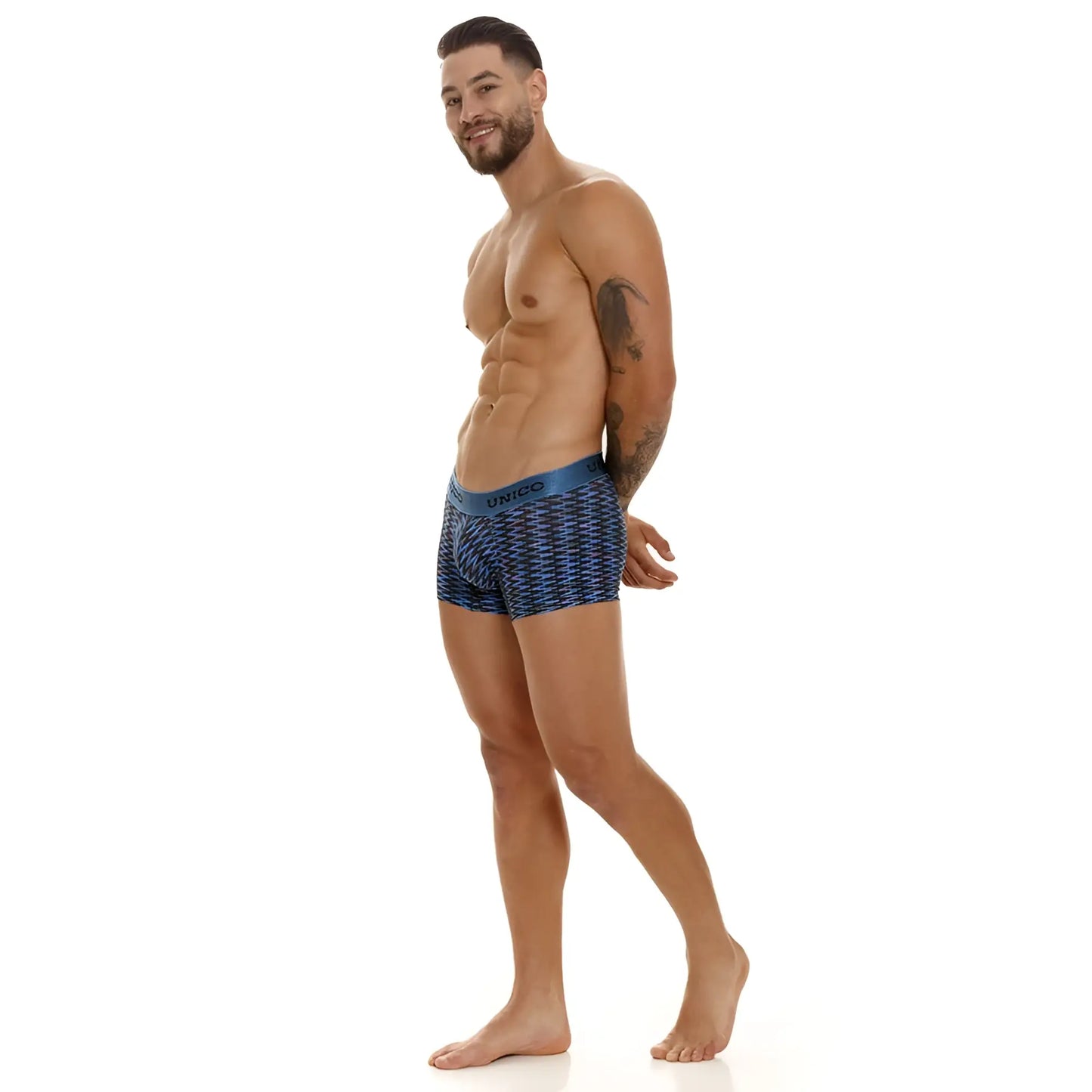 Unico 23080100121 filamento trunks in blue with a geometric pattern made of soft filamento fabric for comfort