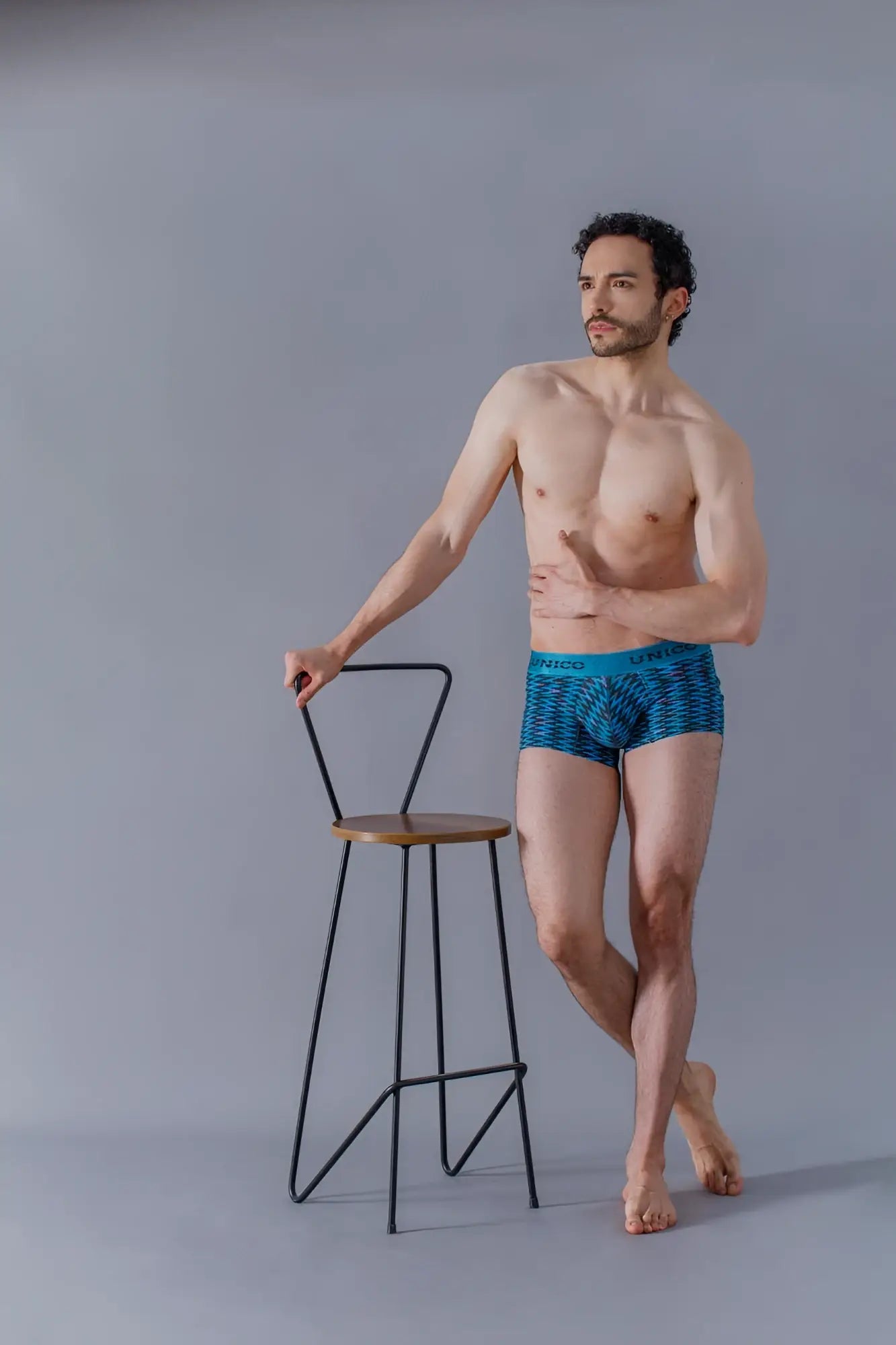 Blue patterned uniqlo filamento trunks with teal waistband color 46 suitable for comfortable everyday wear