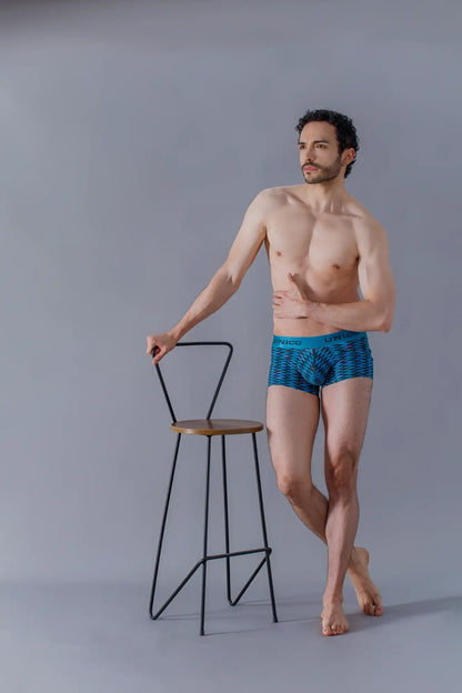 Blue patterned uniqlo filamento trunks with teal waistband color 46 suitable for comfortable everyday wear