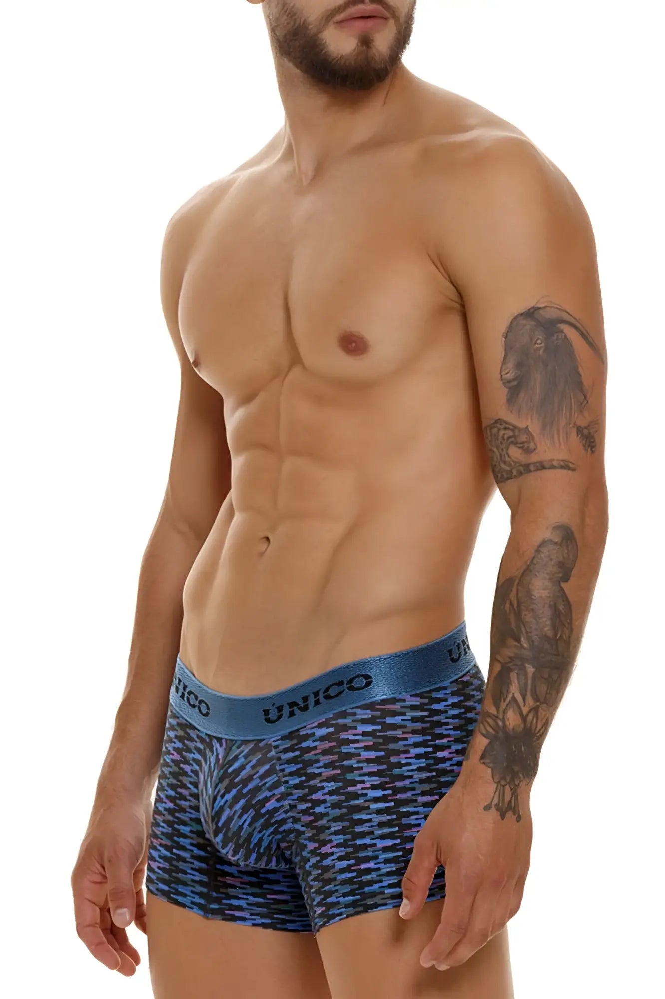 Unico 23080100121 filamento trunks in blue with geometric pattern and elastic waistband for men’s boxer briefs