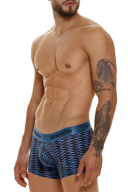 Unico 23080100121 filamento trunks in blue with geometric pattern and elastic waistband for men’s boxer briefs
