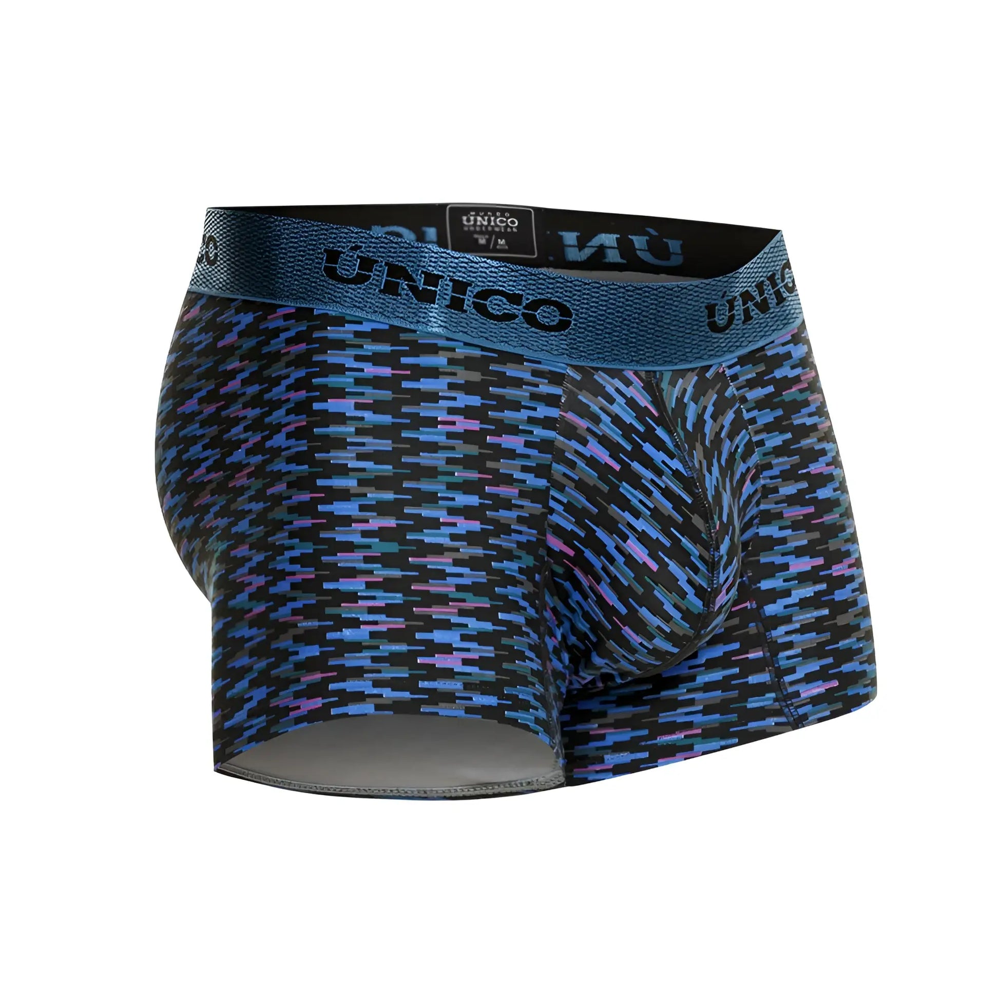 Unico 23080100121 Filamento men’s boxer briefs in blue and purple geometric pattern with textured elastic waistband