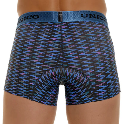 Unico 23080100121 filamento trunks featuring blue and purple geometric patterned mens boxer briefs with a textured waistband
