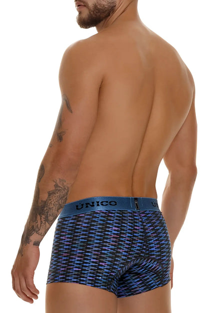 Unico 23080100121 filamento trunks in blue and purple patterned fabric with solid blue waistband boxer briefs