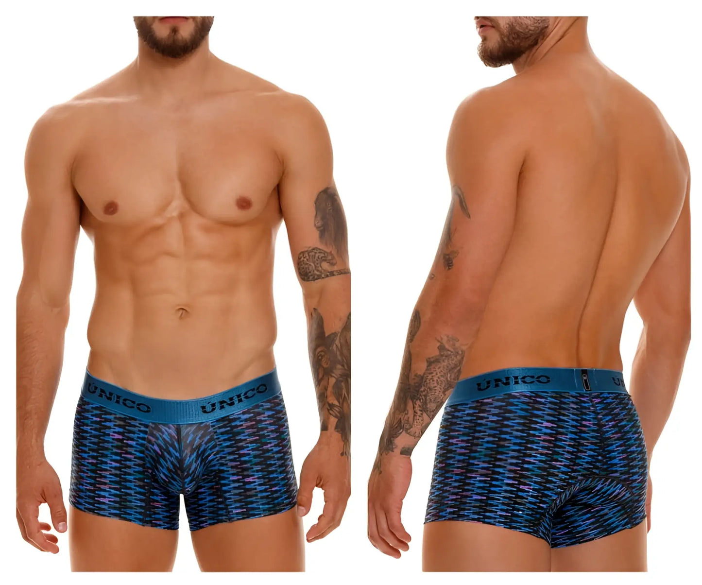 Unico 23080100121 filamento trunks in blue with purple geometric pattern boxer briefs made from soft fabric