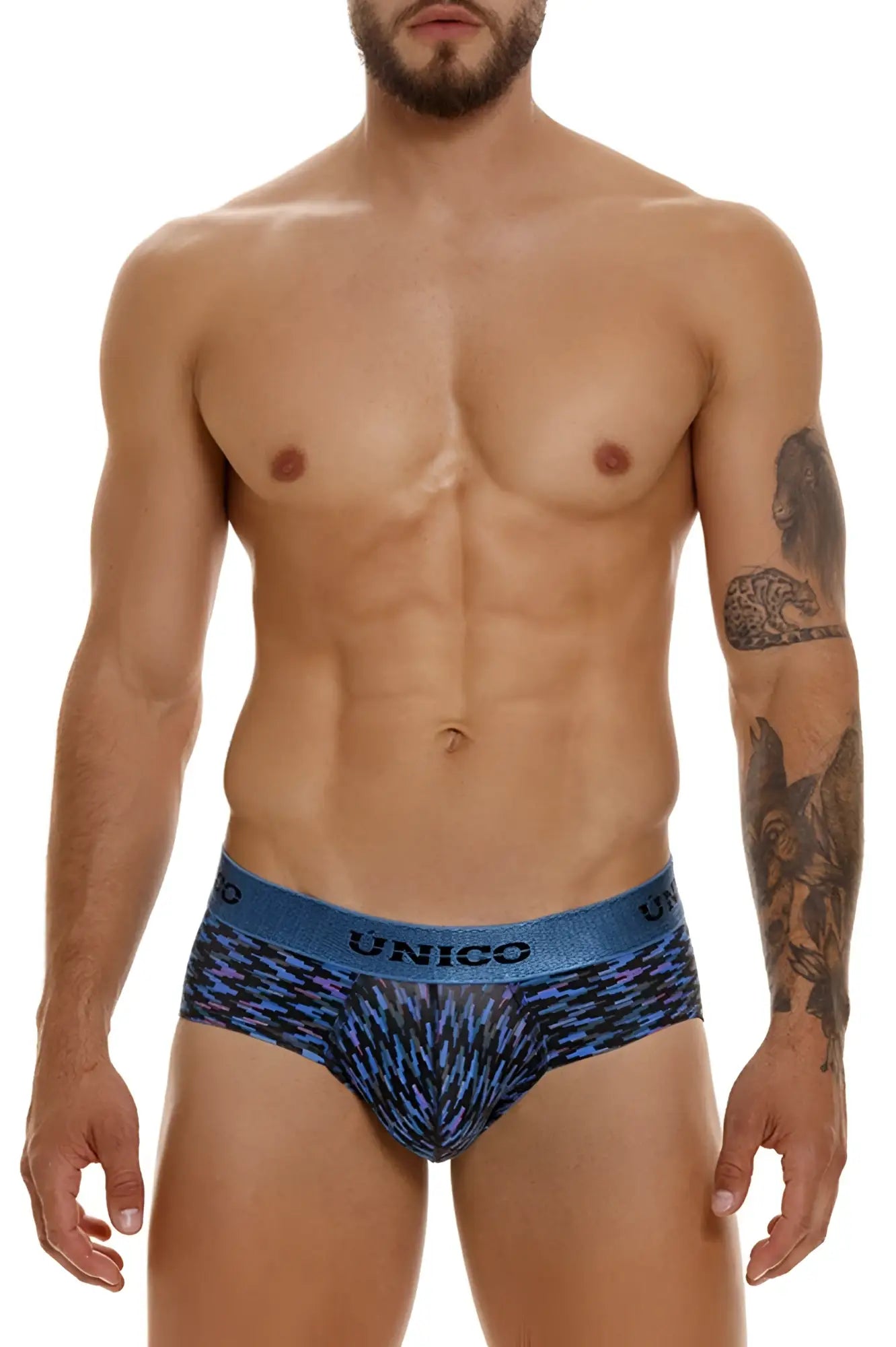 Blue and black patterned unico 23080101121 filamento men’s briefs with textured geometric design