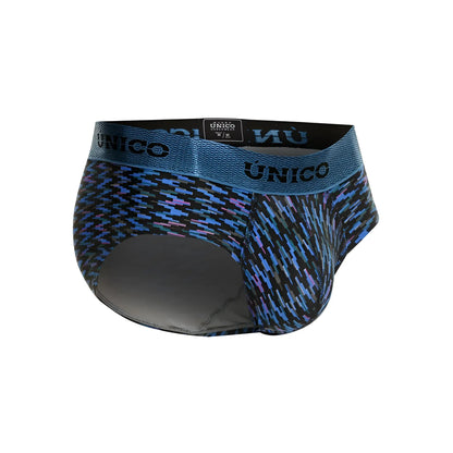 Blue and black patterned unico men’s filamento briefs with textured waistband in color 46 blue