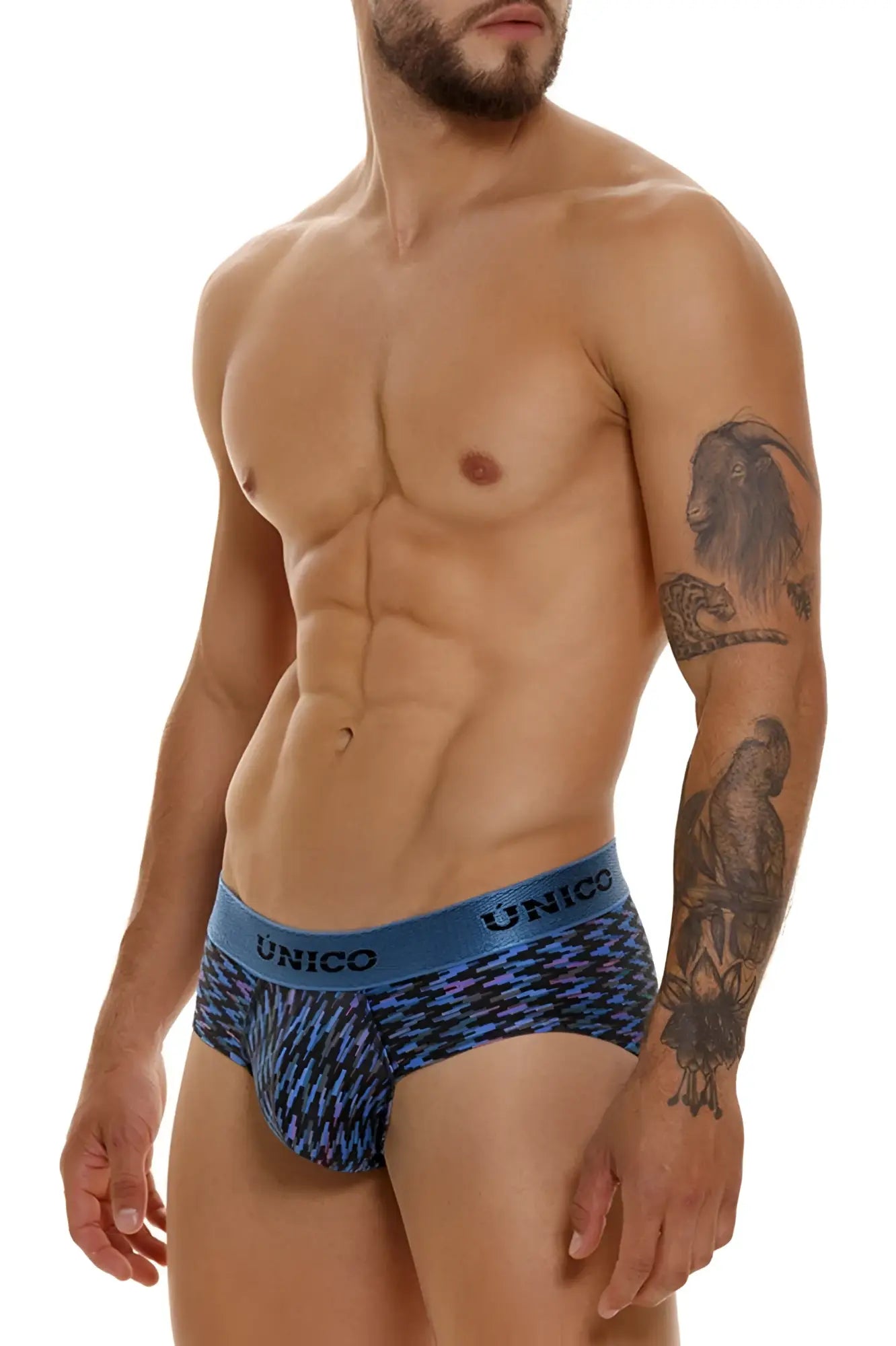 Unico 23080101121 Filamento briefs in blue with a bold black geometric pattern for men