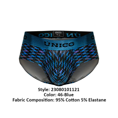 Blue patterned unico 23080101121 filamento briefs with textured geometric design and elastic waistband for men