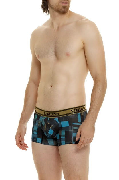 Unico 24010100104 esquema trunks in blue feature geometric black pattern and gold waistband men’s boxer briefs