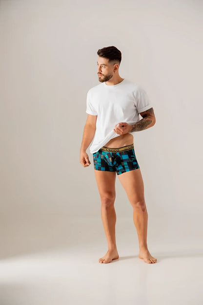 Blue and black geometric patterned boxer briefs with gold virgo waistband unico 24010100104 esquema trunks color 46-blue