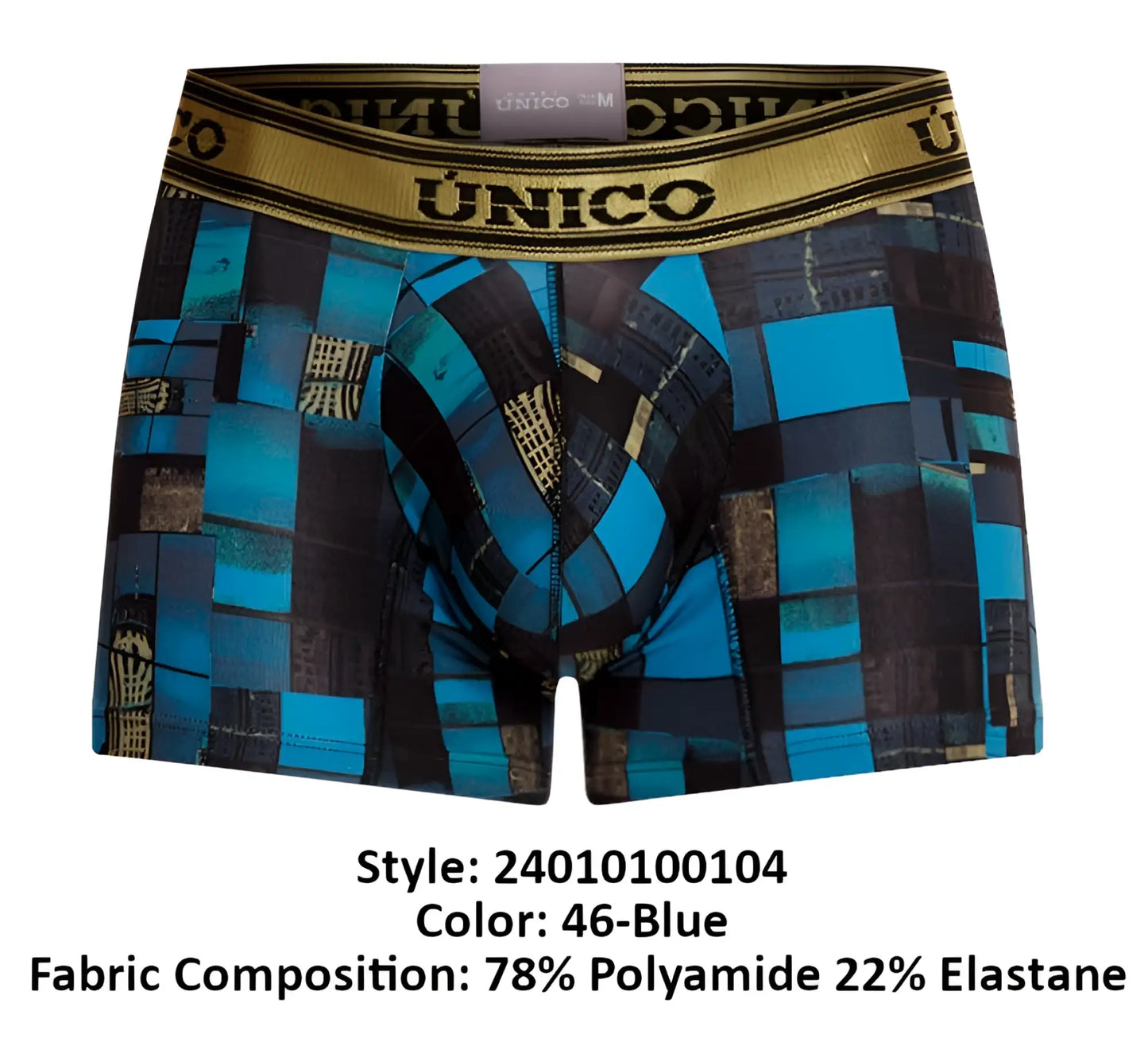 Blue and black geometric patterned unico 24010100104 esquema trunks with gold trim waistband in color 46 blue