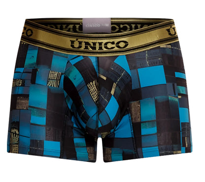 Blue and black geometric-patterned men’s boxer briefs with gold-trimmed waistband featuring único brand name