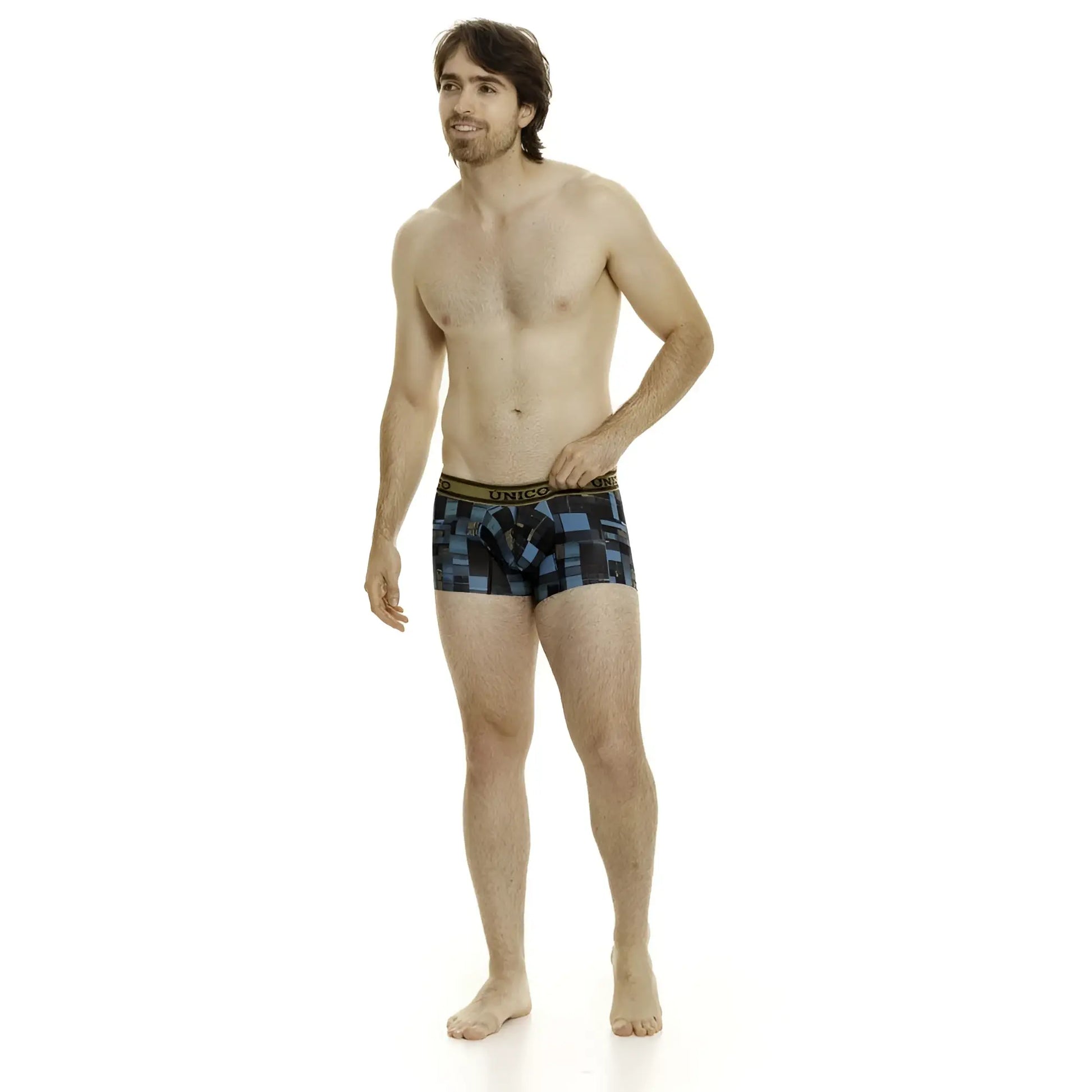Men’s unico 24010100104 esquema blue and black geometric boxer briefs with gold-trimmed waistband