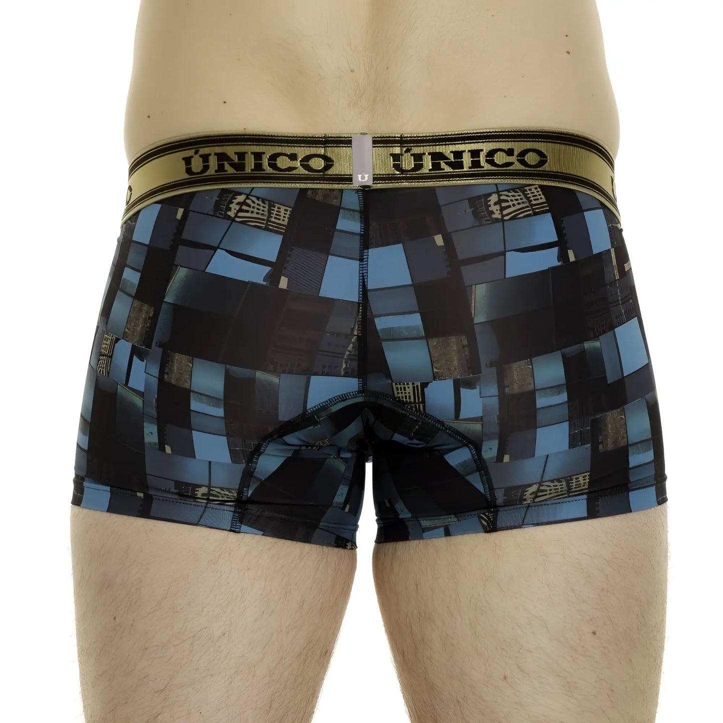Unico 24010100104 esquema men’s boxer briefs with blue and black geometric pattern and gold waistband