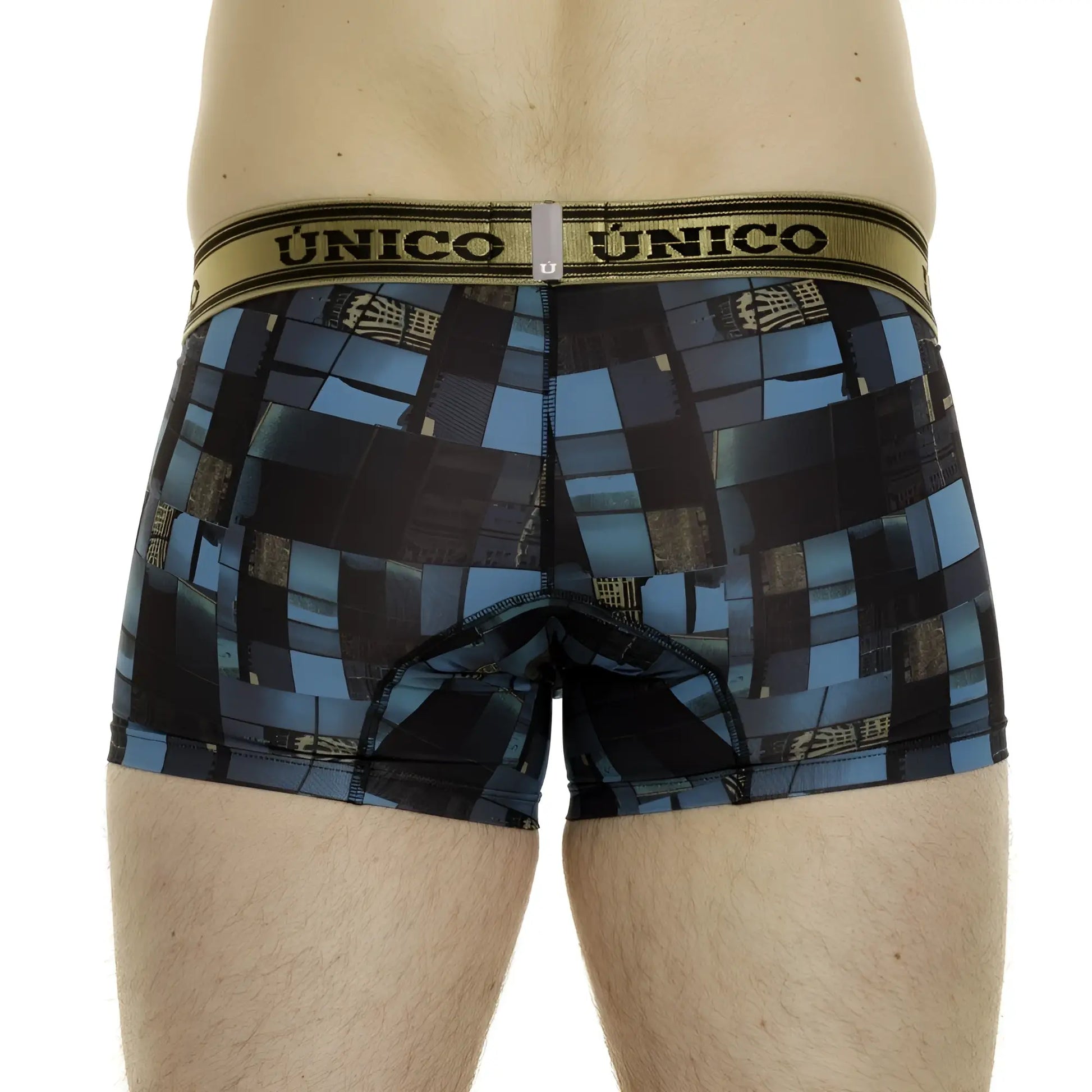 Unico 24010100104 esquema men’s boxer briefs with blue and black geometric pattern and gold waistband