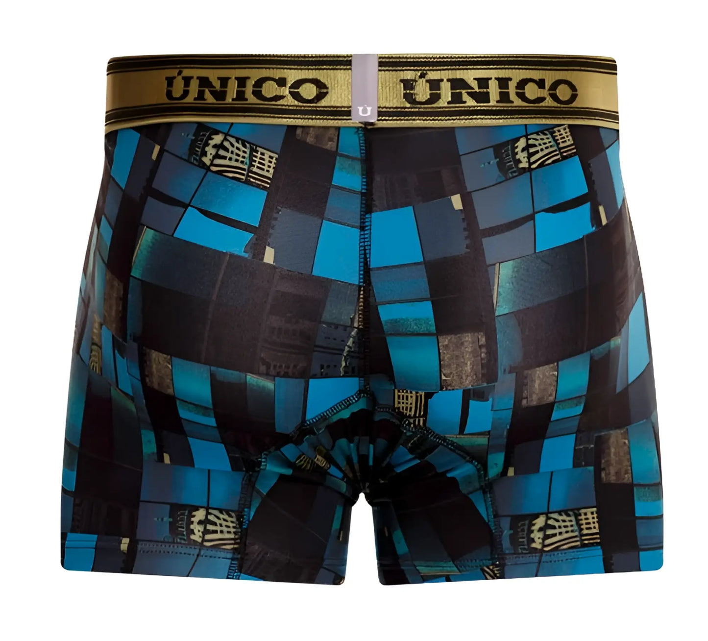 Blue and black patterned unico 24010100104 esquema trunks with gold waistband featuring the brand name