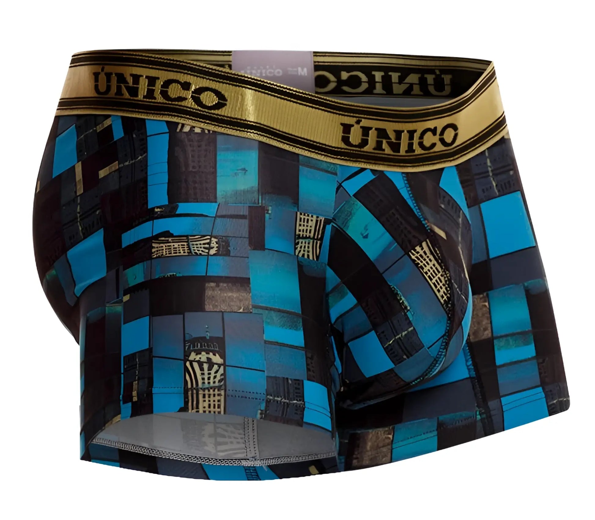 Blue and black patterned Unico men’s boxer briefs with gold waistband featuring the brand name in color 46-blue