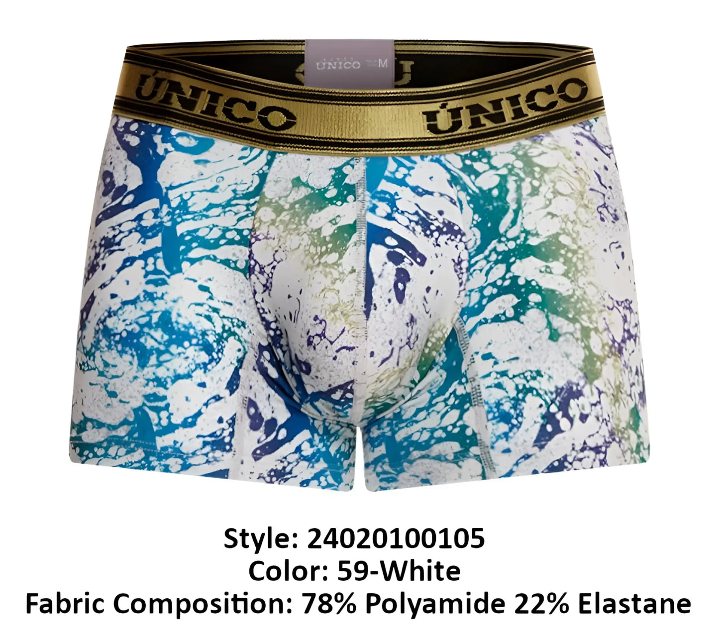 Unico 24020100105 Gasoleo trunks white boxer briefs with vibrant blue green and purple abstract paint-splatter pattern