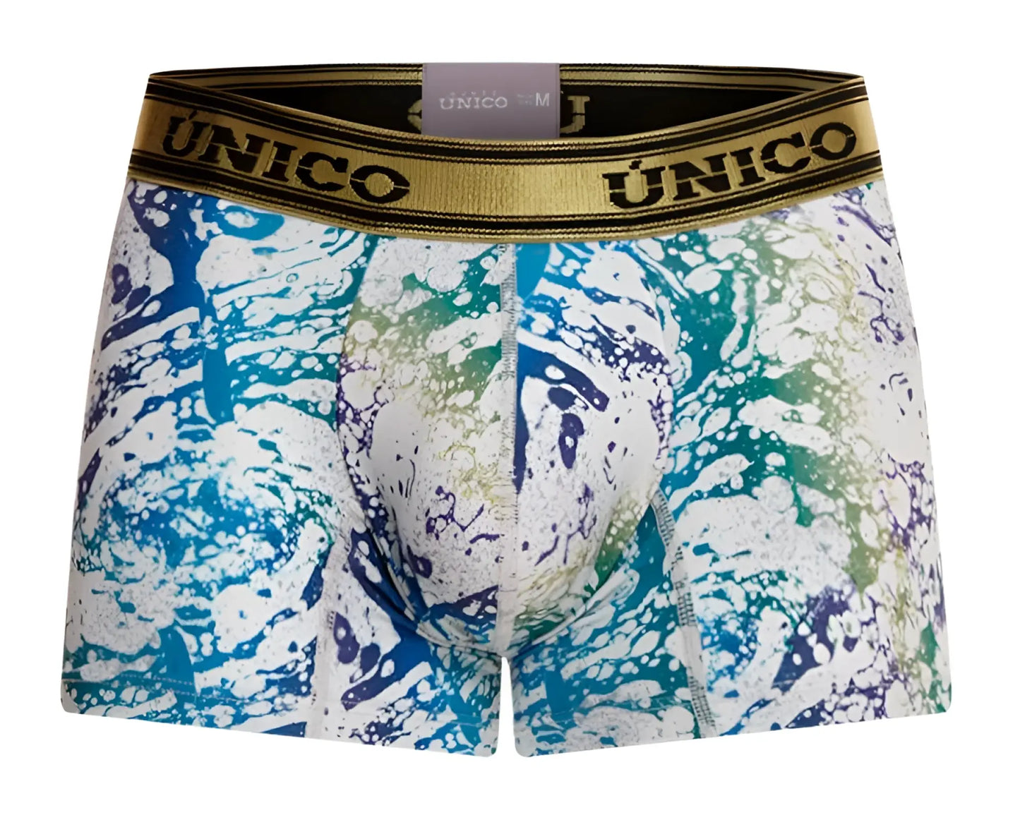 Unico 24020100105 gasoleo trunks color 59-white men’s boxer briefs with vibrant blue green white paint-splatter pattern on stretchy fabric and gold-trimmed waistband