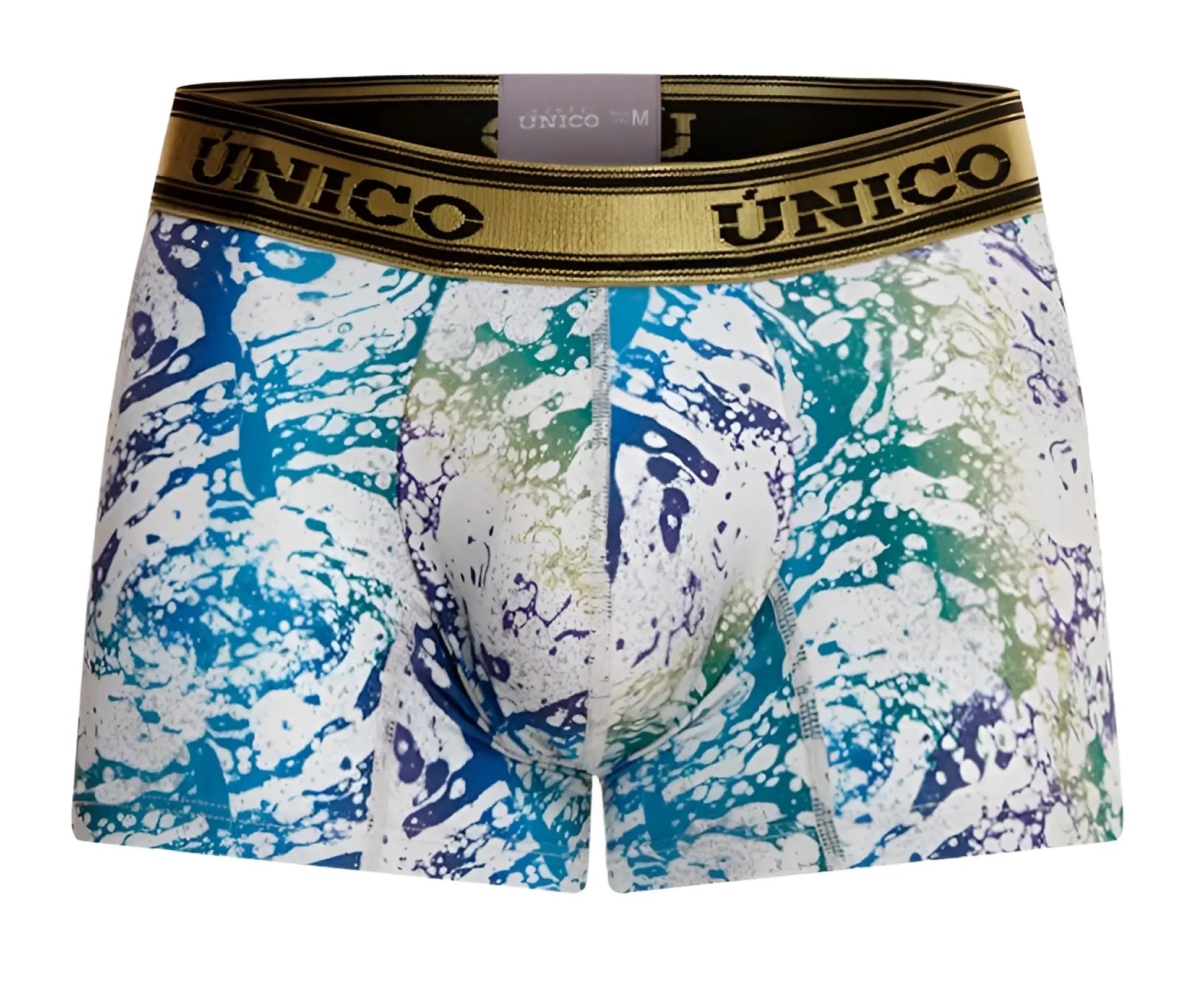 Unico 24020100105 gasoleo trunks color 59-white men’s boxer briefs with vibrant blue green white paint-splatter pattern on stretchy fabric and gold-trimmed waistband